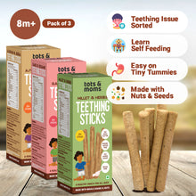 Load image into Gallery viewer, Teething Sticks | Ajwain &amp; Jeera | Ragi &amp; Sesame | Millet &amp; Herbs | Healthy Snacks for Babies &amp; All Ages | Pack of 3 | 150g Each
